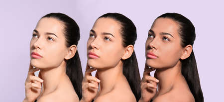 Beautiful young woman on light background, banner design. Collage with photos showing stages of...