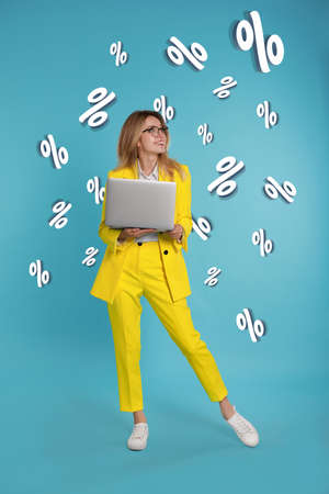 Happy woman and percent sign on blue background. special promotion