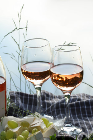 Delicious rose wine, cheese and grapes on picnic blanket near lakeの写真素材