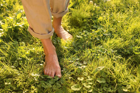 Woman walking barefoot on green grass outdoors, closeup. Space for textの写真素材
