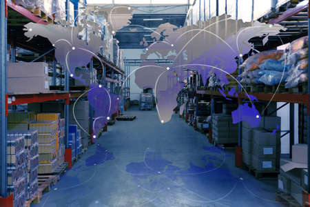 worldwide logistics. Storage racks with different boxes in warehouse and illustration of mapの写真素材