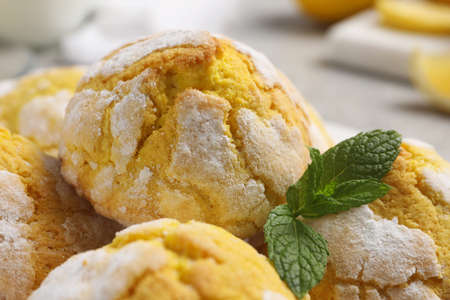 Fresh delicious lemon cookies and mint, closeup