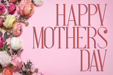 Happy Mother's Day. Beautiful ranunculus flowers on pink background, flat layの写真素材