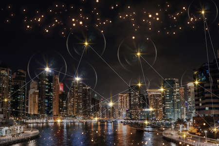 Beautiful night cityscape and network connection lines. internet technology
