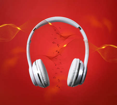 Modern headphones and illustration of dynamic sound waves on red backgroundの写真素材