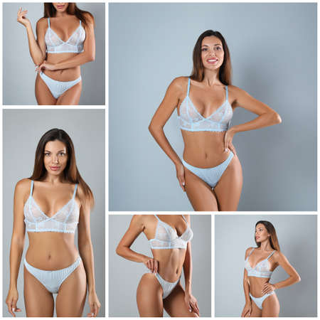 Collage with photos of woman wearing blue underwear on light gray backgroundの写真素材