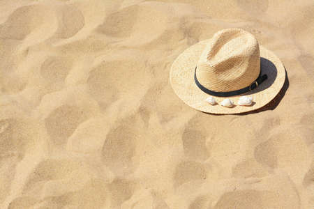 Straw hat with seashells on sandy beach, space for textの写真素材