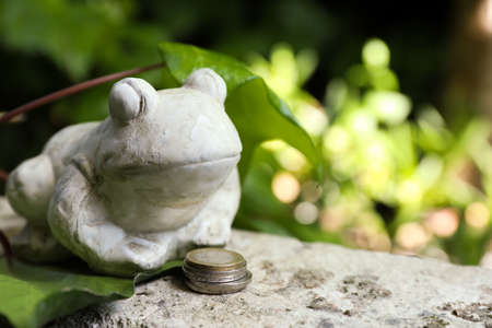 Frog figure with coins on stone parapet outdoors. Space for textの写真素材