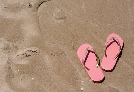 Stylish pink flip flops on wet sand, above view. Space for text