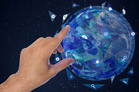 global network. Woman and virtual model of Earth with internet connection lines