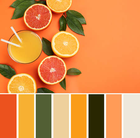 Color palette and delicious juice and fresh fruits on pale orange background, flat layの写真素材