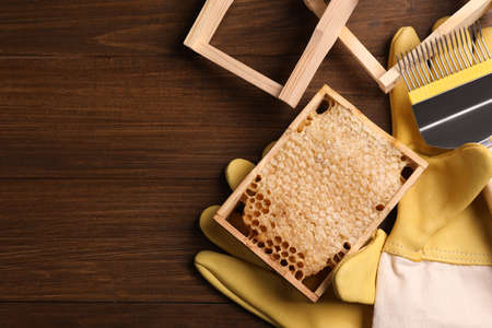 Honeycomb frames and beekeeping tools on wooden table, flat lay. Space for textの写真素材