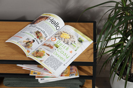 Wooden cabinet with magazines near houseplant indoors, above viewの写真素材
