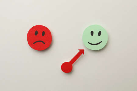 Mood indicator on white background, flat lay. Emotional management