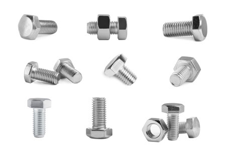 Set with metal hex bolts and nuts on white backgroundの販売画像