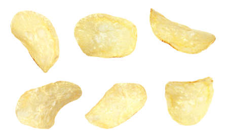 Set of fried crispy potato chips on white backgroundの写真素材