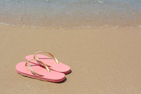 Stylish pink flip flops on wet sand near sea, space for textの写真素材