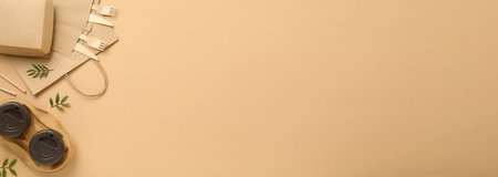 Eco friendly products on beige background, flat lay with space for text. banner designの写真素材
