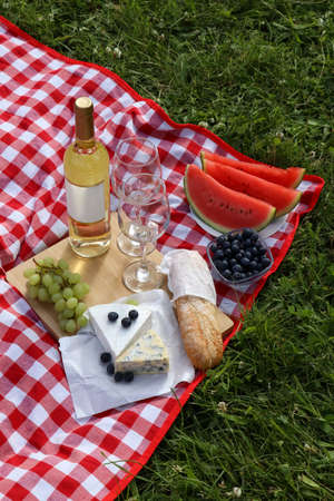 Picnic blanket with delicious food and wine outdoors on summer dayの写真素材