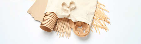 Eco friendly products on white background, flat lay. banner design