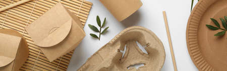 Disposable eco friendly products on white background, flat lay. banner designの写真素材