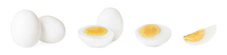 Set with tasty hard boiled eggs on white background. banner designの写真素材