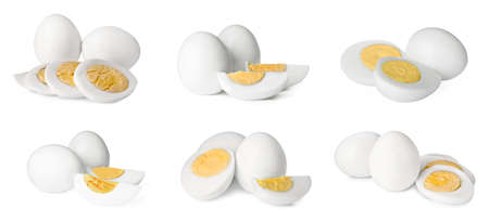 Set with tasty hard boiled eggs on white background. banner designの写真素材