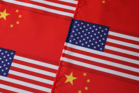 USA and China flags as background, top view. international relationsの写真素材
