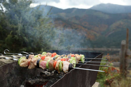 Cooking meat and vegetables on brazier against mountain landscape