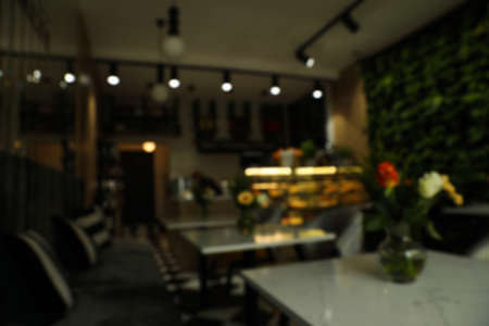 Stylish cafe interior with furniture, blurred view