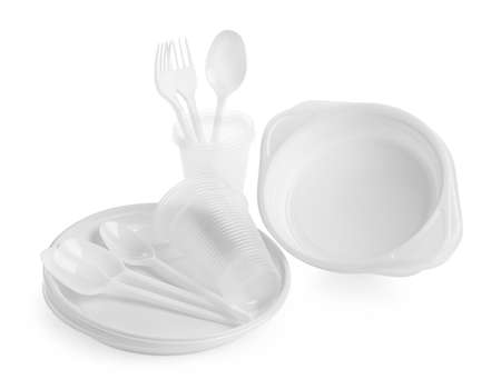 Set of disposable tableware on white backgroundの写真素材