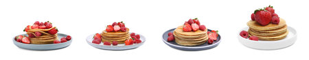 Set of tasty pancakes with fresh berries and honey on white background. banner designの写真素材