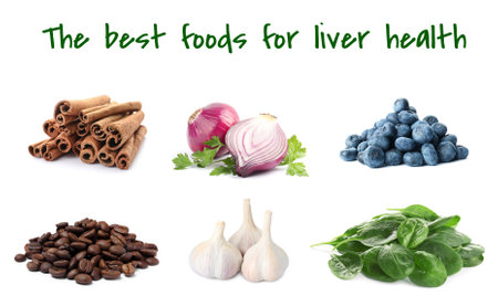 List of the best foods for liver health. Collage with different tasty fresh products on white backgroundの写真素材
