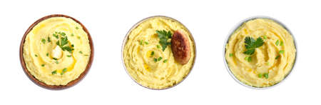 Set with tasty mashed potatoes on white background, top view. banner designの写真素材