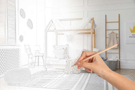 Woman drawing child's room interior design, closeup. Combination of photo and sketchの写真素材
