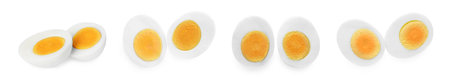 Set with tasty hard boiled eggs on white background. banner designの写真素材