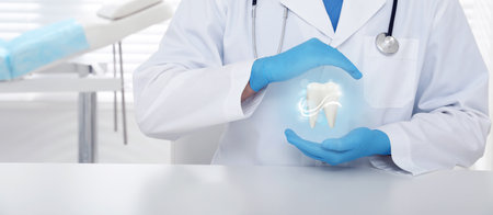 Dentist demonstrating virtual model of healthy tooth indoors, closeup. banner designの写真素材
