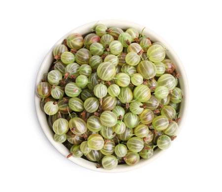 Bowl full of ripe gooseberries isolated on white, top viewの写真素材