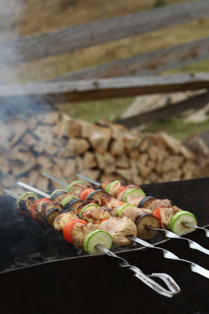 Cooking meat and vegetables on brazier outdoorsの写真素材