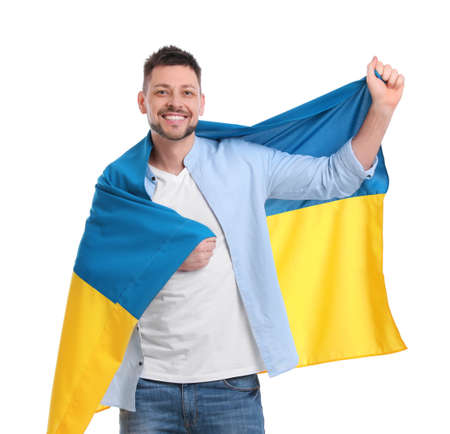 Man with flag of Ukraine on white backgroundの写真素材