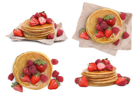 Set of tasty pancakes with fresh berries and honey on white backgroundの写真素材
