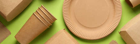 Flat lay composition with eco friendly products on light green background. banner designの写真素材