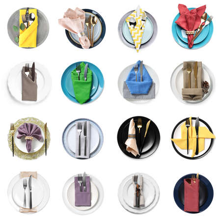 Set with examples of different beautiful table settings on white background, top viewの写真素材