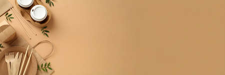 Eco friendly products on beige background, flat lay with space for text. banner designの写真素材