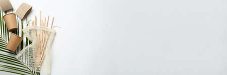 Eco friendly products on white background, flat lay with space for text. banner designの写真素材