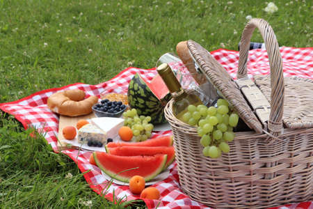 Picnic blanket with delicious food and wine outdoors on summer dayの写真素材