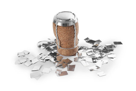 Cork of sparkling wine with muselet cap and shiny silver confetti on white backgroundの写真素材