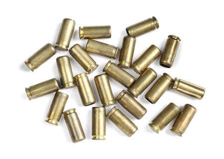 Cartridge cases isolated on white, top view. Firearm ammunitionの写真素材