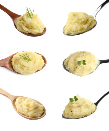 Set with spoons of tasty mashed potatoes on white backgroundの写真素材