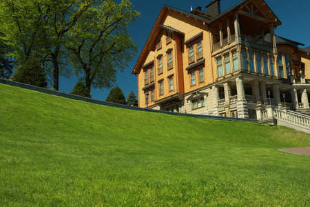 Beautiful view of fresh green grass growing near house outdoors